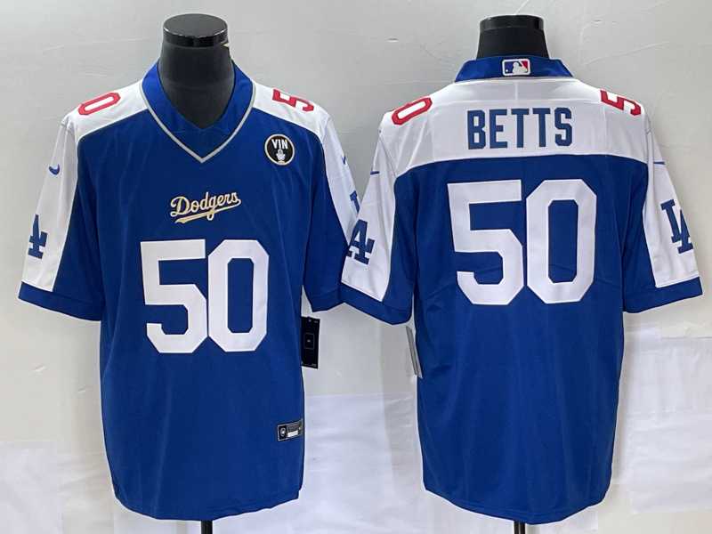 Mens Los Angeles Dodgers #50 Mookie Betts Blue Vin Scully Patch Stitched Jersey